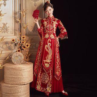 Set: 3/4-sleeve Beaded Embroidered Chinese Wedding Cheongsam + Maxi Skirt + Headpiece + Earring