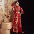 Set: 3/4-sleeve Beaded Embroidered Chinese Wedding Cheongsam + Maxi Skirt + Headpiece + Earring