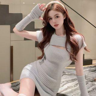Set: Short-sleeve Cutout Ribbed Knit Dress + Arm Sleeves
