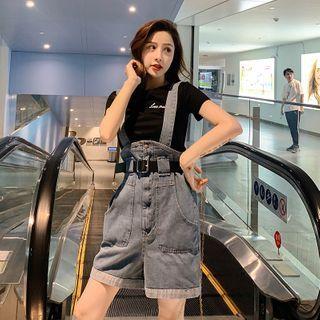 Set: Denim Suspender Shorts + Short-sleeve T-shirt
