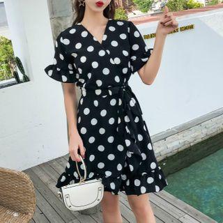 Dotted Tie-waist Short-sleeve Mini A-line Dress