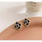 Lettering Rhinestone Square Earring 1 Pair - S925 Silver Needle - Gold & Black - One Size