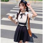 Bow Short-sleeve Blouse / Suspender Skirt