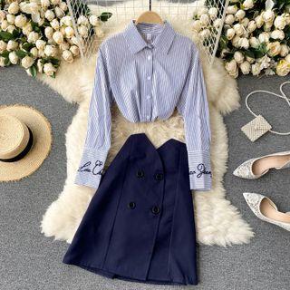 Set: Striped Shirt + Double-breasted A-line Skirt