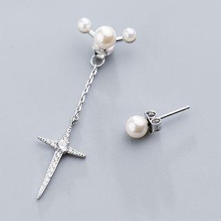 Rhinestone Cross Drop Non-matching Earring 1 Pair - S925 Silver - White - One Size