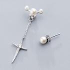 Rhinestone Cross Drop Non-matching Earring 1 Pair - S925 Silver - White - One Size
