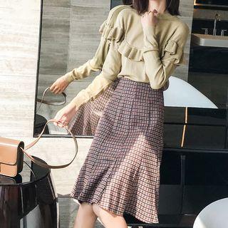 Set: Ruffle Trim Sweater + Plaid A-line Skirt