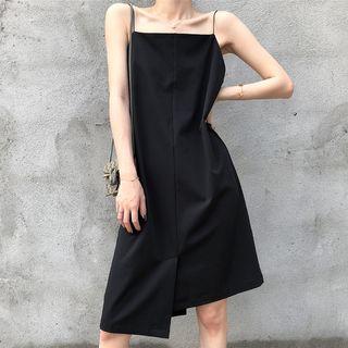 Spaghetti-strap Asymmetric Dress Black - One Size