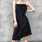 Spaghetti-strap Asymmetric Dress Black - One Size