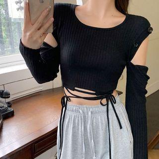 Long-sleeve Button-up Lace Up Cropped T-shirt