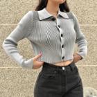 Striped Collared Cropped Cardigan