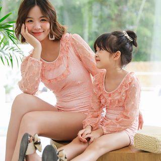 Family Matching Long Sleeve Lace Trim Swimsuit