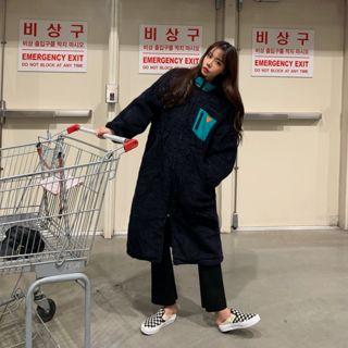 Contrast-trim Drawstring-waist Sherpa-fleece Coat Navy Blue - One Size