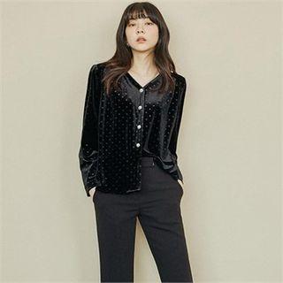 V-neck Polka-dot Velvet Blouse