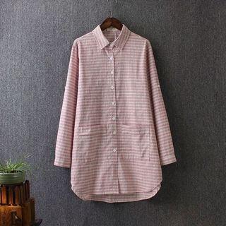 Stripe Collared Linen Cotton Long-sleeve Blouse
