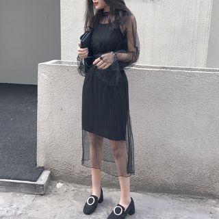 Set: Plain Spaghetti Strap Dress + Long Sleeve Mesh Dress