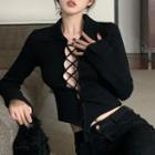Lace-up Cropped Cardigan Black - One Size