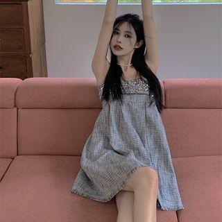 Spaghetti-strap Sequin Mini Smock Dress Black & White - One Size