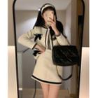 Round-neck Bow-accent Sleeve Jacket / Contrast Trim A-line Skirt