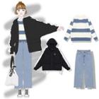 Striped Sweater / Hood Zip Jacket / Crop Wide Leg Jeans
