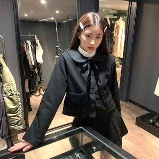 Peter Pan Collar Woolen Cropped Coat + Pleated Mini Skirt