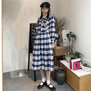 Long-sleeve Gingham Sailor-collar Midi Dress