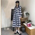 Long-sleeve Gingham Sailor-collar Midi Dress
