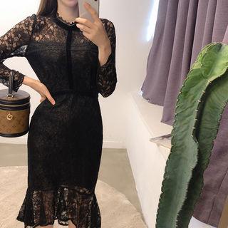 Velvet-trim Laced Midi Dress