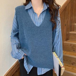 Set : Striped Long-sleeve Shirt + Vest Tank Top
