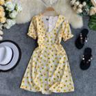 Short-sleeve Floral A-line Mini Dress Yellow - One Size