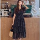 Short-sleeve Floral Tiered Midi Dress Black - One Size