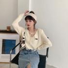 Long-sleeve Tie-front Lettering Knit Top