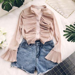Bell-sleeve Pleated-trim Shirt
