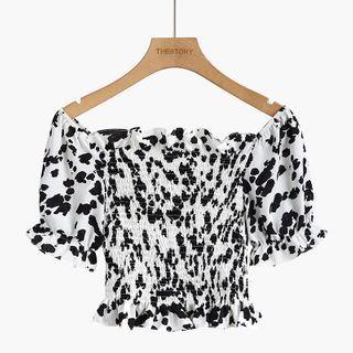 Short-sleeve Printed Smocked Blouse White - One Size