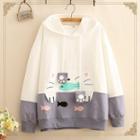 Color-block Cat Embroidered Hoodie