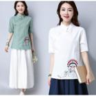 Embroidered Short-sleeve Mandarin Collar Top