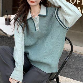Mock Two-piece Knit Polo Shirt Green - One Size