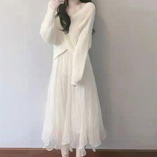 V-neck Wrapped Sweater / Midi A-line Skirt / Set