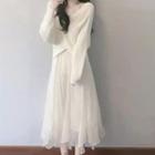V-neck Wrapped Sweater / Midi A-line Skirt / Set