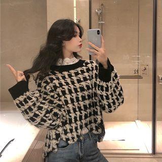 Houndstooth Sweater / Lace Turtle-neck Top