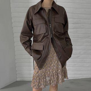 Flap-pocket Faux-leather Jacket With Belt