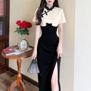 Short-sleeve Black & White Panel Slit Dress