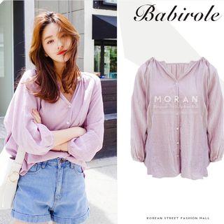 Puff-sleeve 3/4-sleeve Loose-fit Straight V-neck Plain Blouse