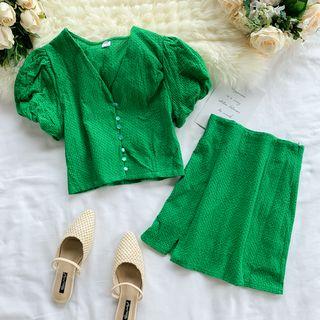 Set: V-neck Short-sleeve Blouse + Mini A-line Skirt