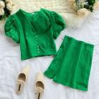 Set: V-neck Short-sleeve Blouse + Mini A-line Skirt