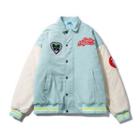 Lettering Embroidered Collared Corduroy Button Jacket