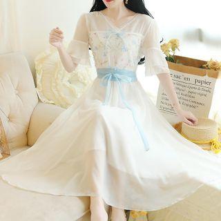 Flower Detail Flared-sleeve Midi A-line Dress