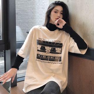 Short-sleeve Printed T-shirt / Mock Neck Long-sleeve Top
