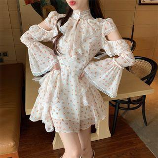 Bell-sleeve Floral Print Mesh Mini Dress