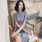 Floral Lace Short-sleeve Qipao